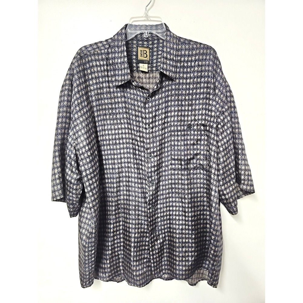 Bruno B Short Sleeve 100% Silk Dress Shirt Mens Size XL Blue Tan Pattern Office